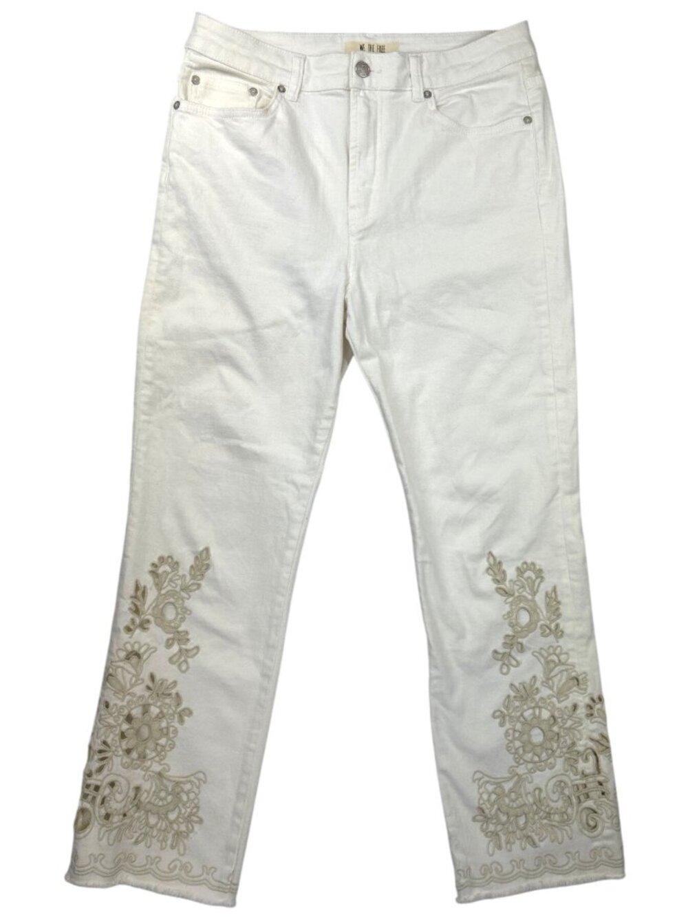 We The Free White Embroidered Jeans Size 31 Floral Cutout Frayed Hem Crop Boho
